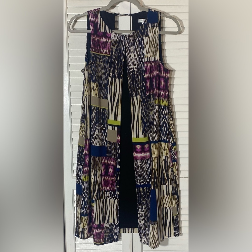 London Times Sheath Dress Size 6 Multicolored Patchwork W/Black Insert Keyhole